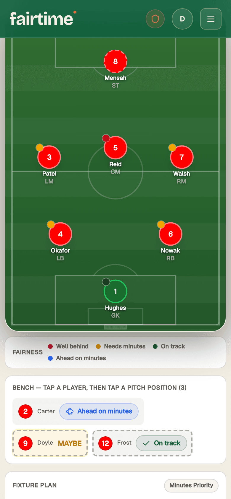 The Fairtime planner: a match plan with fairness state shown on every player