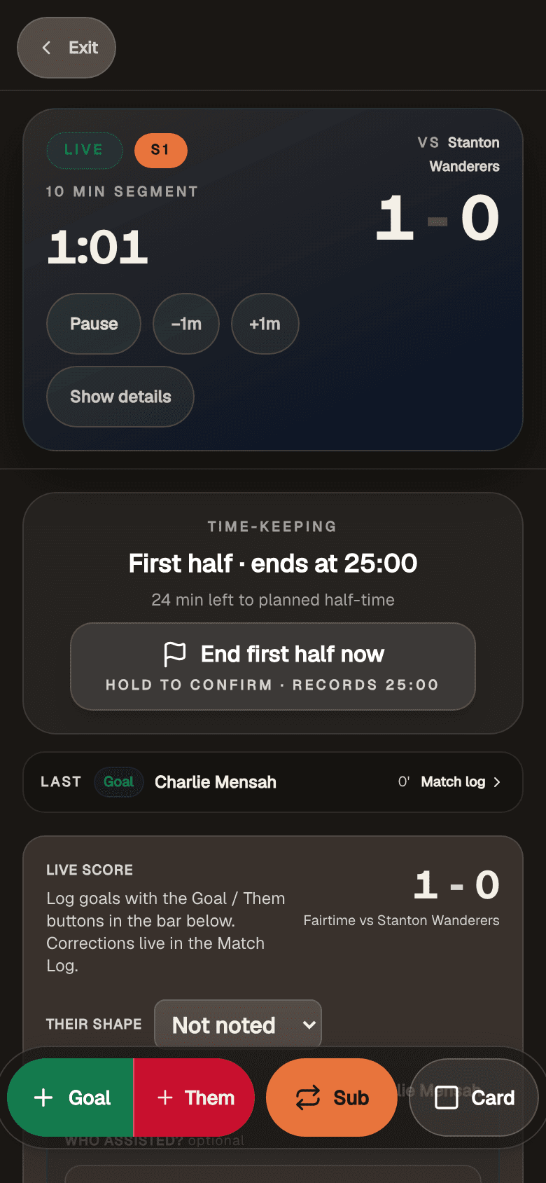 Match Day live: the running clock, score and last goal, with substitution controls to hand