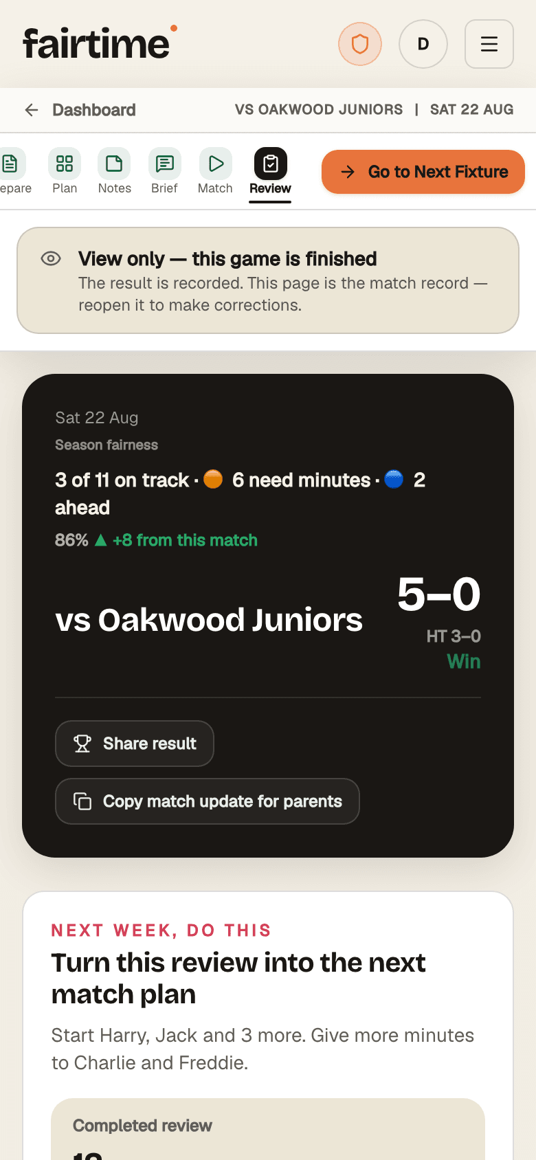 A match review: the score, the season fairness record, and a parent update one tap away