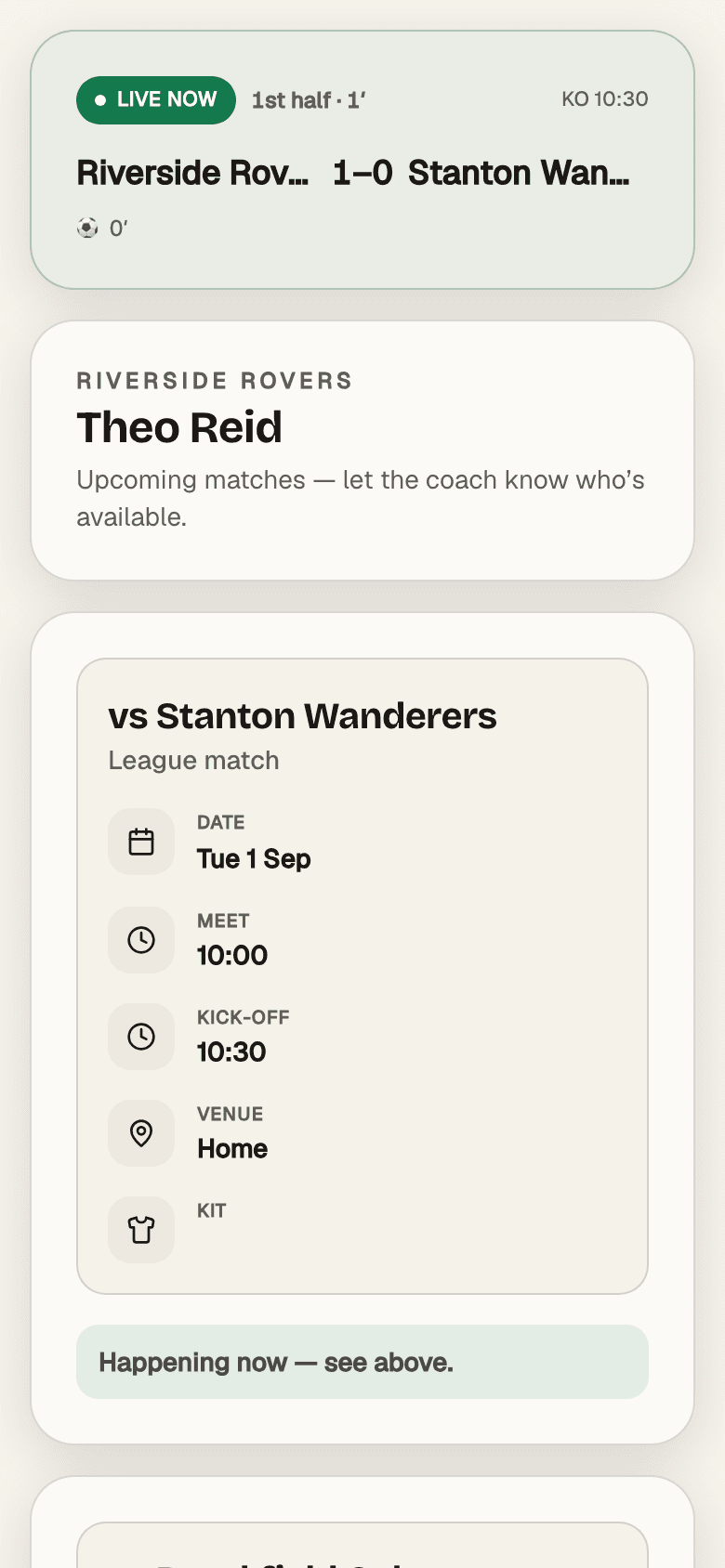 What a parent sees on their link during a match: live score and fixture details, no login